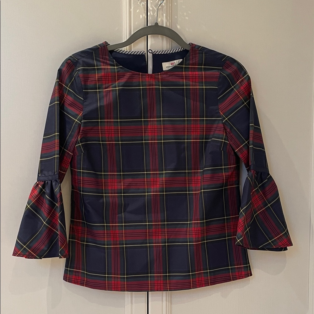 Vineyard Vines Navy and Red Plaid Blouse with Bell Sleeves